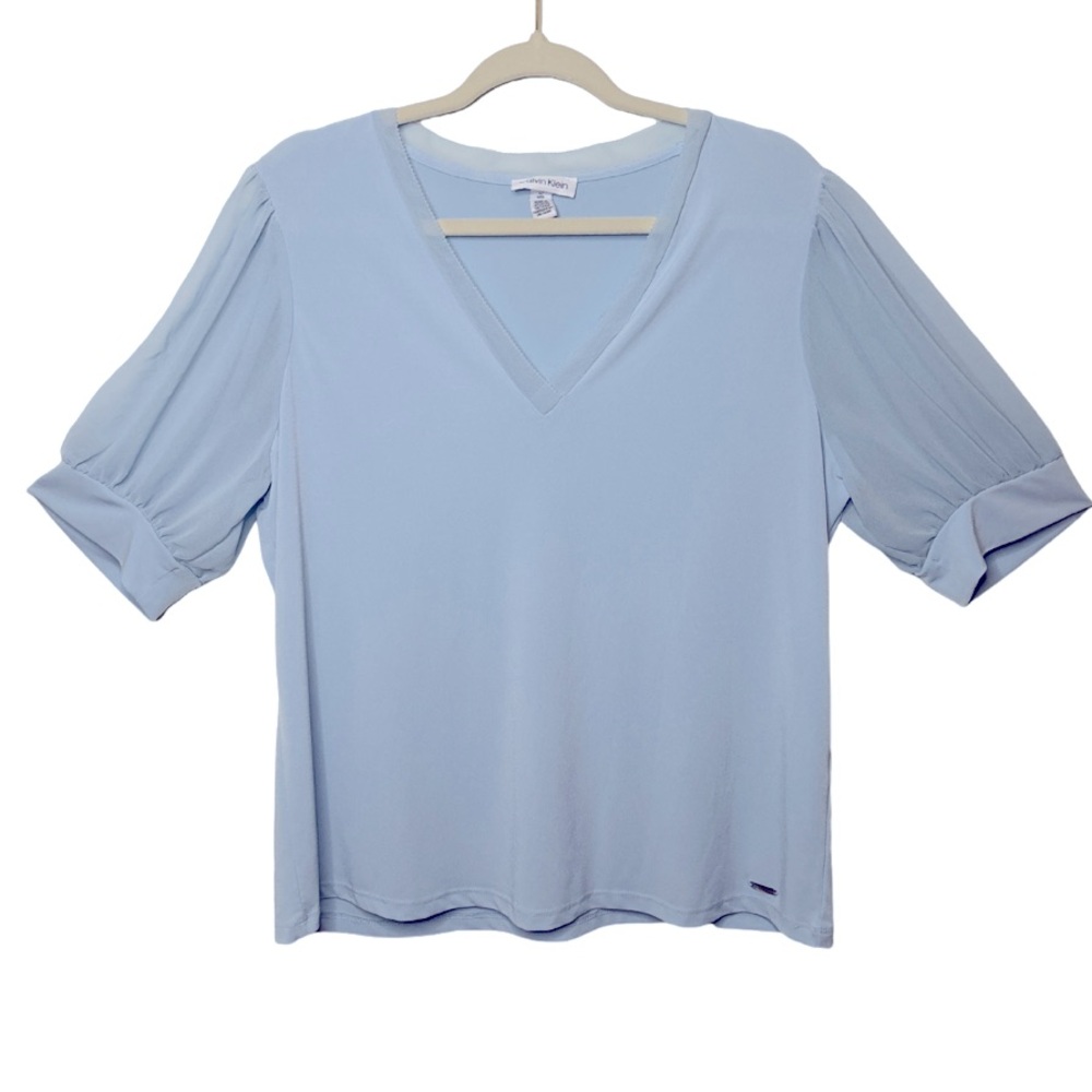 Calvin Klein V Neck Baby Blue Blouse puffed sheer sleeves size Large L